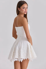 white strapless custom lace broderie anglaise mini dress